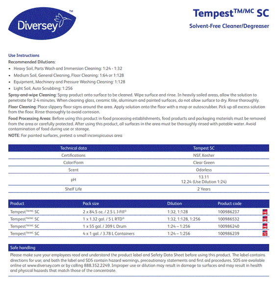 DEGREASER DIVERSEY TEMPEST SOLVENT FREE DEREASER 4L West Coast