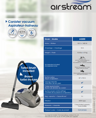 AIRSTREAM AS200 CORDED LIGHTWEIGHT CANISTER VACUUM WITH ACCESSORIES AND BRUSH COMPARTMENT